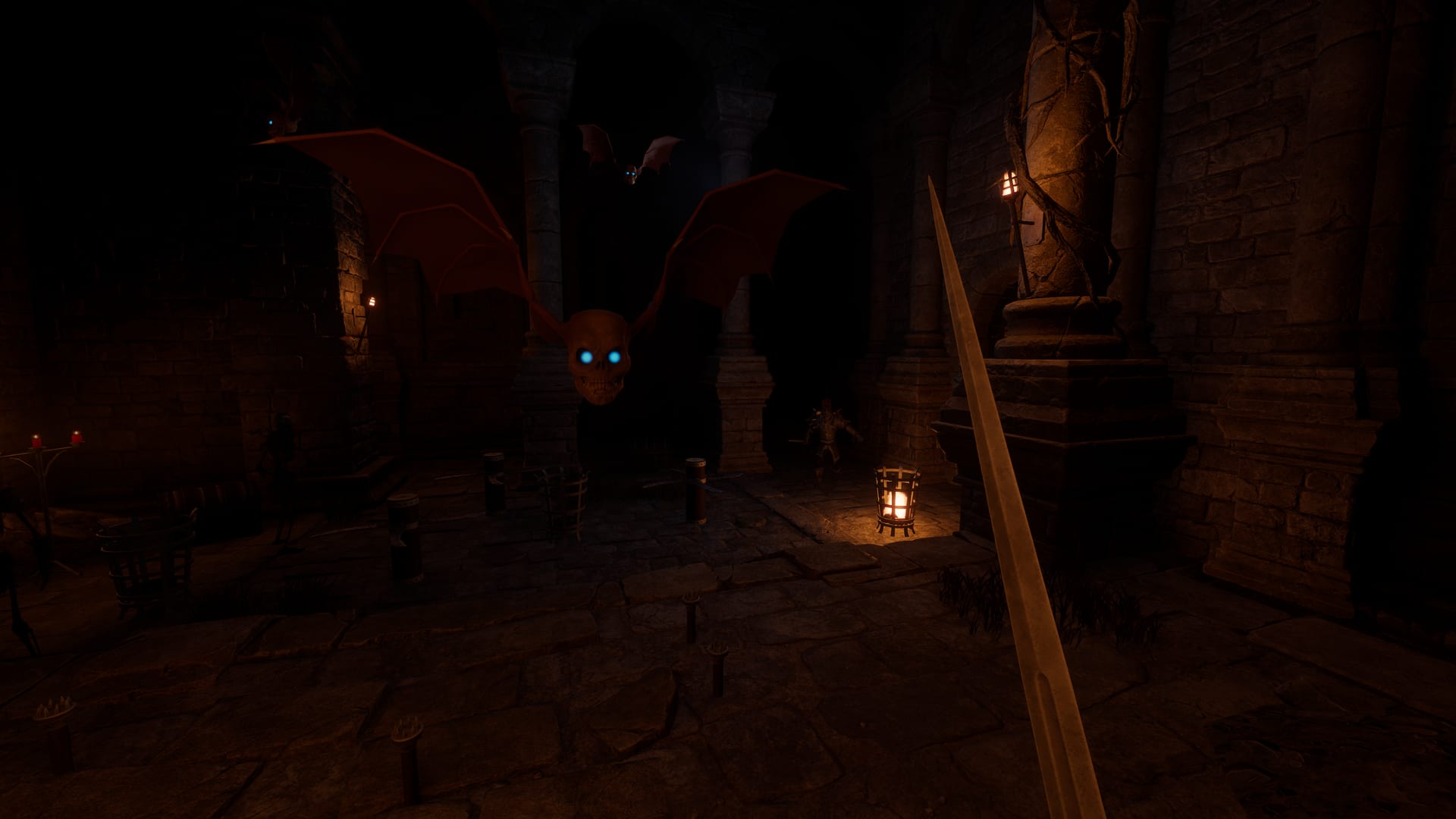 A winged creature with pale blue eyes hanging in the air of a torchlit stone hall, seen past a levelled spear