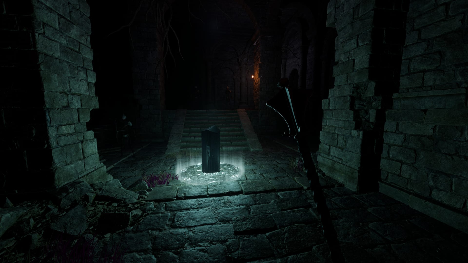 The extraction pillar standing in a ring of cold light at the foot of a ruined stair