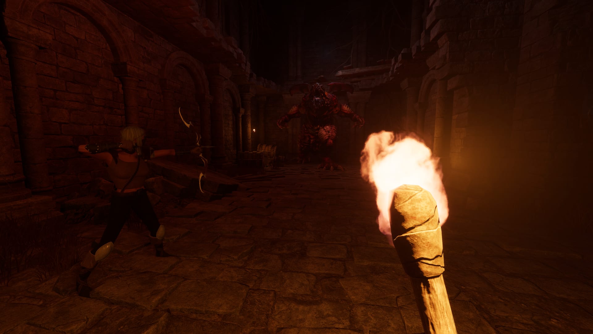 A ranger drawing a bow on a horned beast charging down a torchlit hall, seen past a burning torch